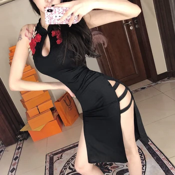 Sexy Ázijské Šaty Čínsky Štýl, Čierna Vysoký Golier Split Šaty Vestido Cheongsam Qipao Sexy Orientálna Šaty V2153